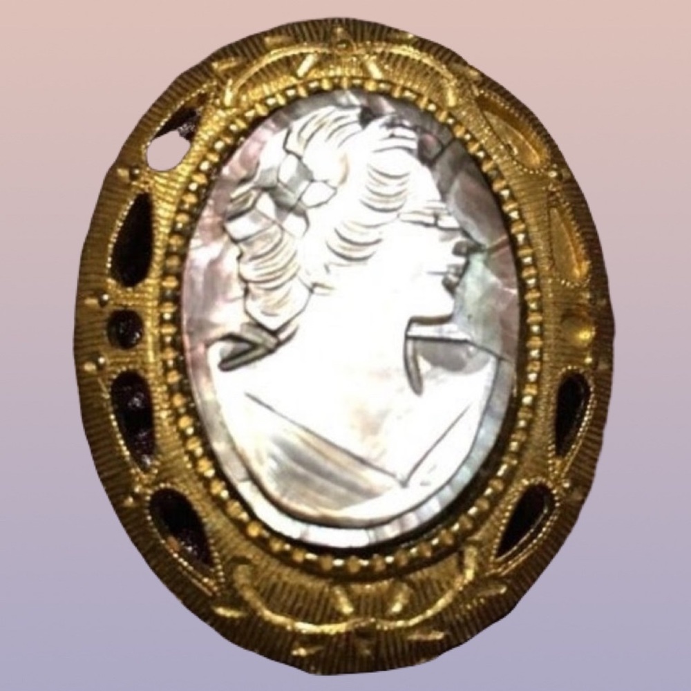 Cameo Mother of Pearl Abalone Gold Pin Brooch